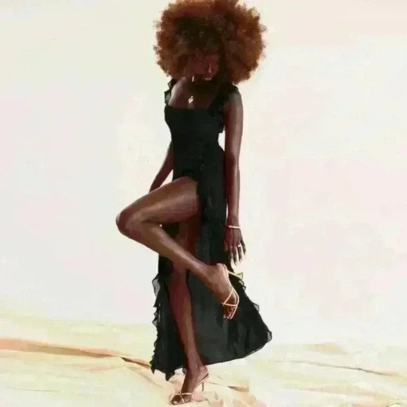 Women Sleeveless Ruffle Split Maxi Dress Summer Solid Spaghetti Strap Square - Picture 3 of 5